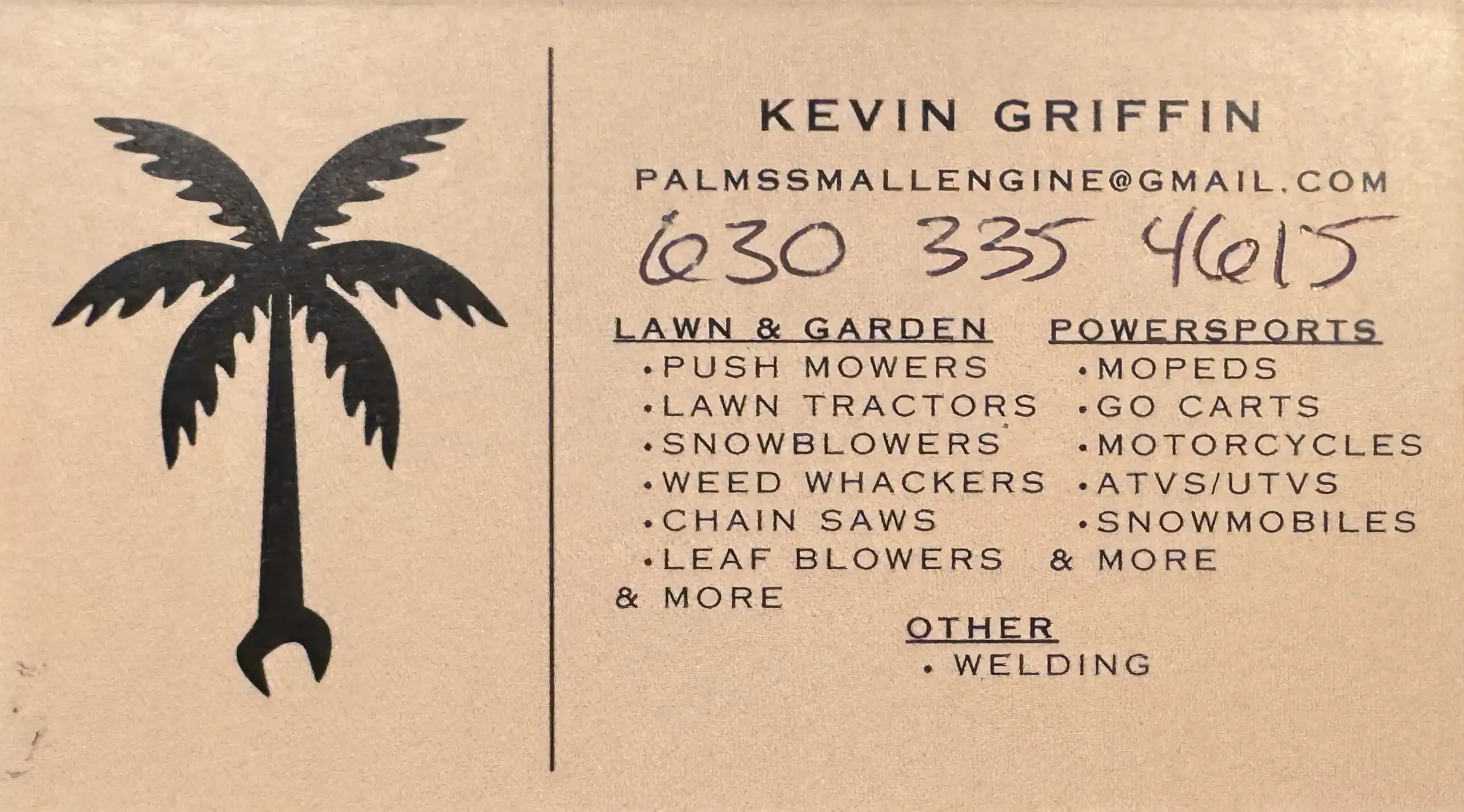 The back of Kevin Griffin's business card for his company, Palm's Small Engine.